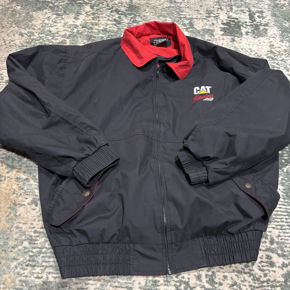 Vintage CAT Racing Jacket Mens 2XL Black Windbreaker Lined Collared Full Zip